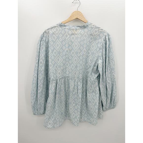 Studio West Apparel Top Women Large Blue White Button Front Boho Peasant Tunic - Picture 2 of 8